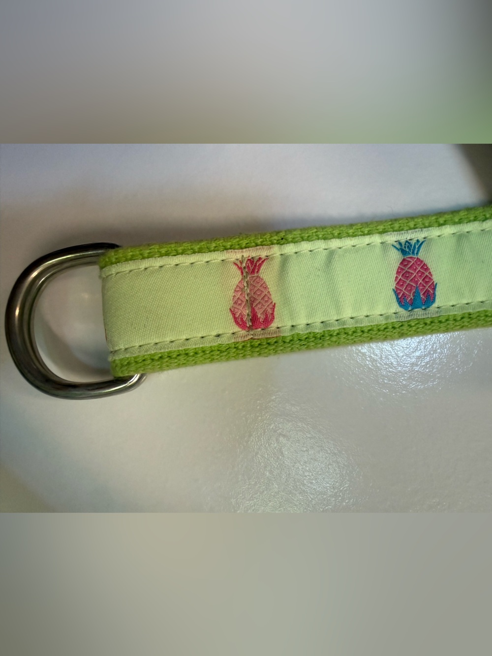 Vintage Douglas Paquette Pineapple Print D-Ring Belt - Light Green - preppy